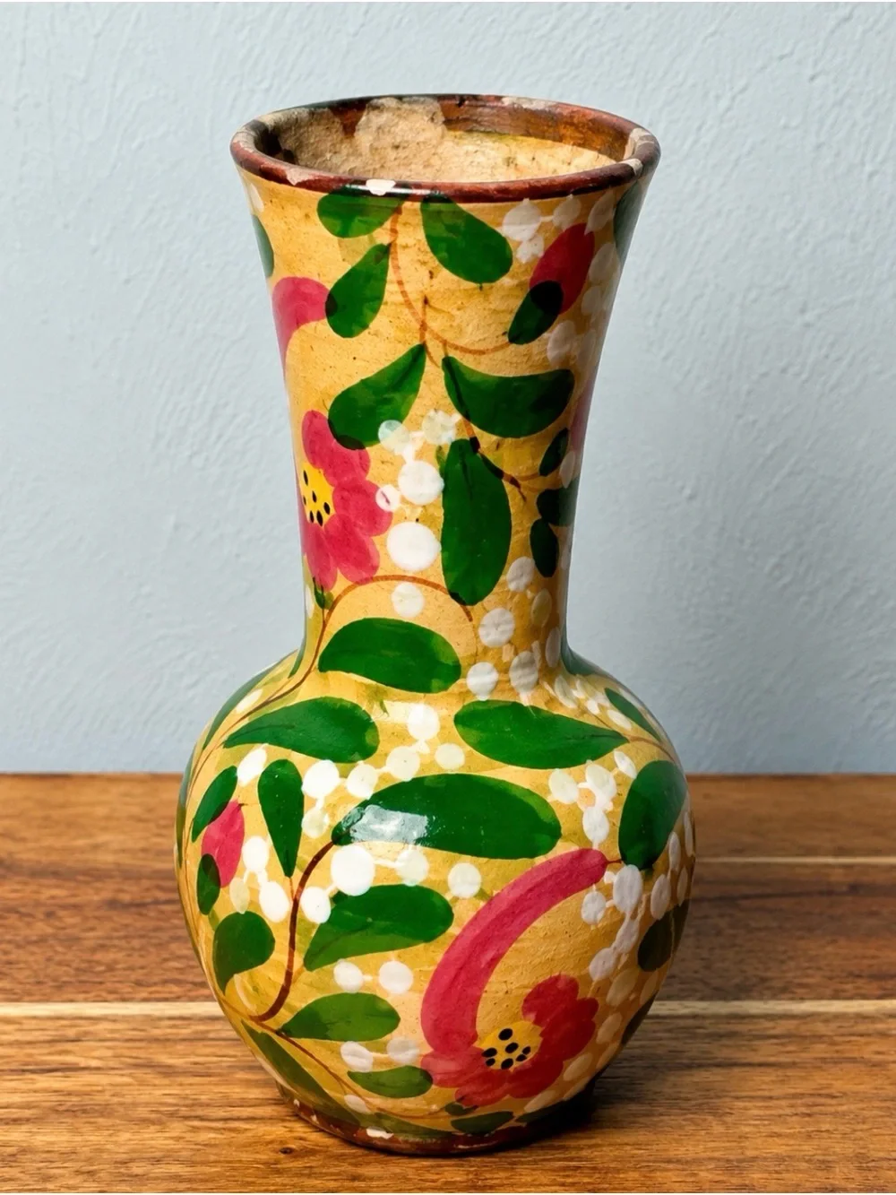 Vintage Italian Hand-Painted Yellow Floral Ceramic Vase with Pink Flowers